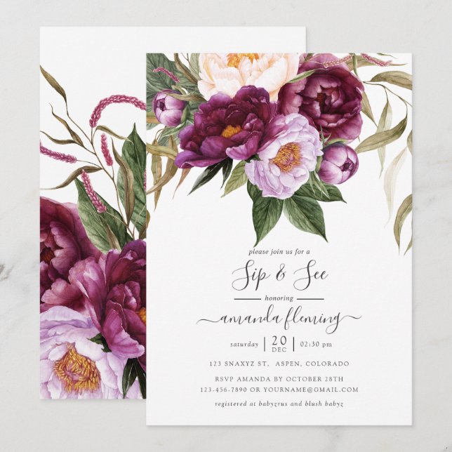 Burgundy - Marsala and Peach Floral Sip and See Invitation (Front/Back)