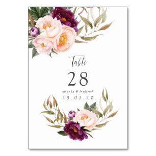 Burgundy - Marsala and Peach Wedding Table Number