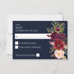 Burgundy Marsala and Pink Floral no Meal Navy RSVP Card