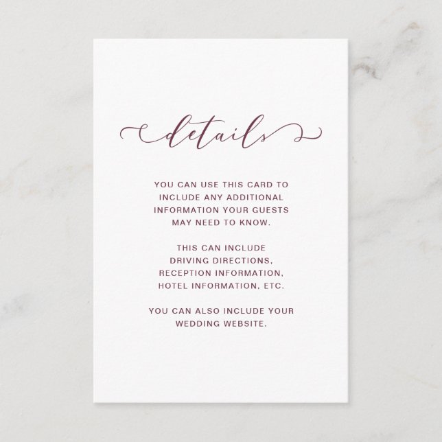 Burgundy Marsala and White Wedding Details Enclosure Card (Front)