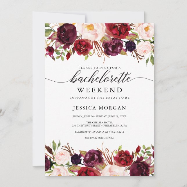 Burgundy Marsala Bachelorette Weekend Itinerary Invitation (Front)