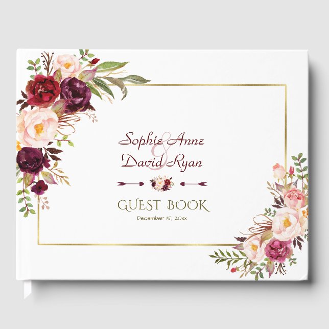 Burgundy Marsala Blush Floral Wedding Invite Guest Book (Front)