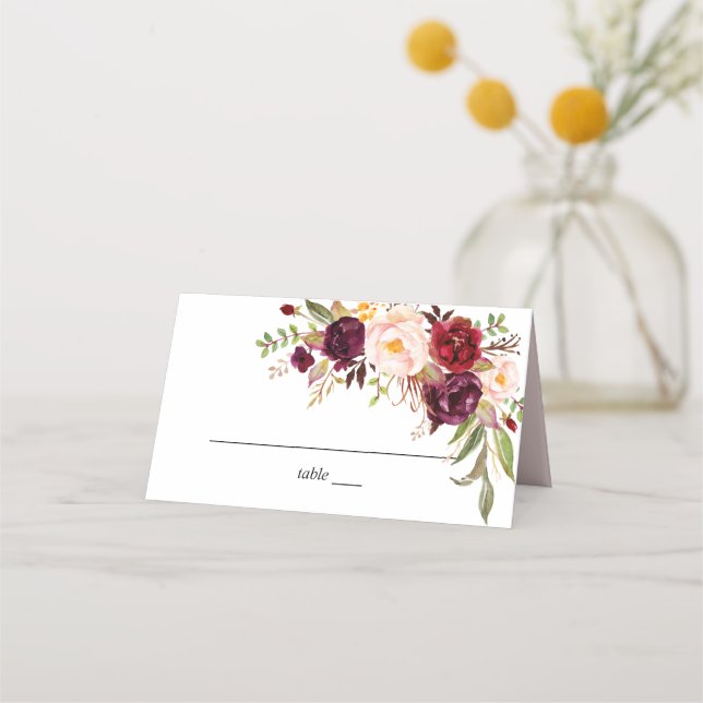Burgundy Marsala & Blush Floral - White Place Card (Front)