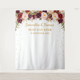 Burgundy marsala blush gold wedding backdrop tapestry