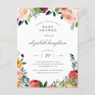 Burgundy Marsala Blush Pink Floral Baby Shower Invitation Postcard