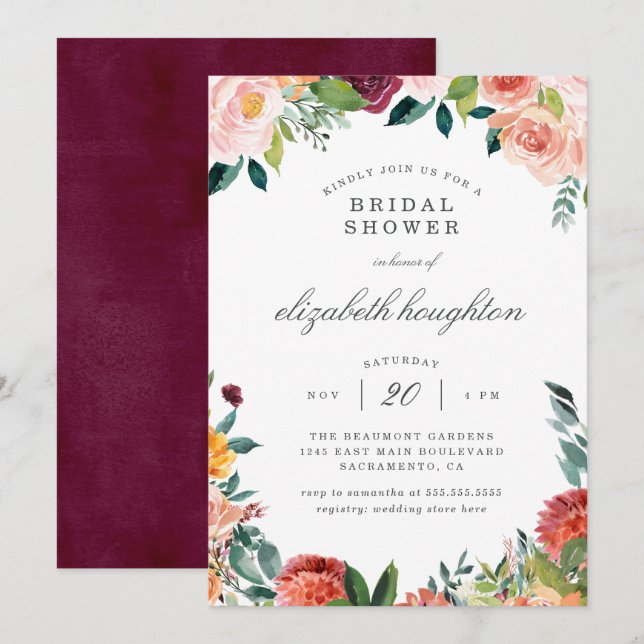Burgundy Marsala Blush Pink Floral Bridal Shower Invitation (Front/Back)