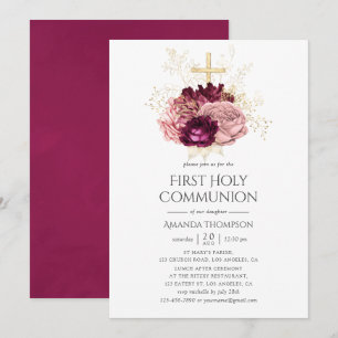 Burgundy Marsala Blush Pink & Gold Holy Communion Invitation