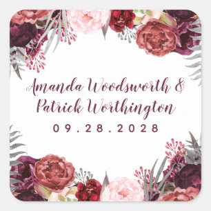 Burgundy Marsala Blush Pink Peony Wedding Favour Square Sticker