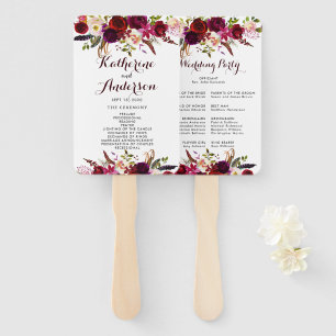 Burgundy Marsala Bohemian Floral Wedding Program Hand Fan