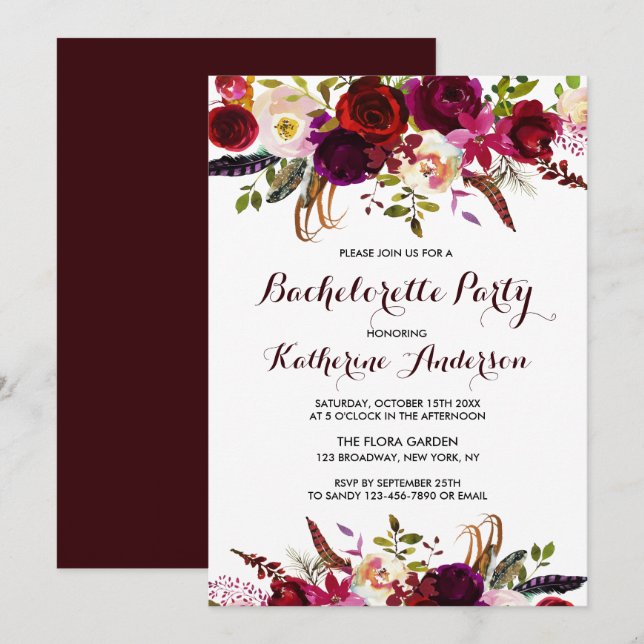 Burgundy Marsala Boho Floral Bachelorette Party Invitation (Front/Back)