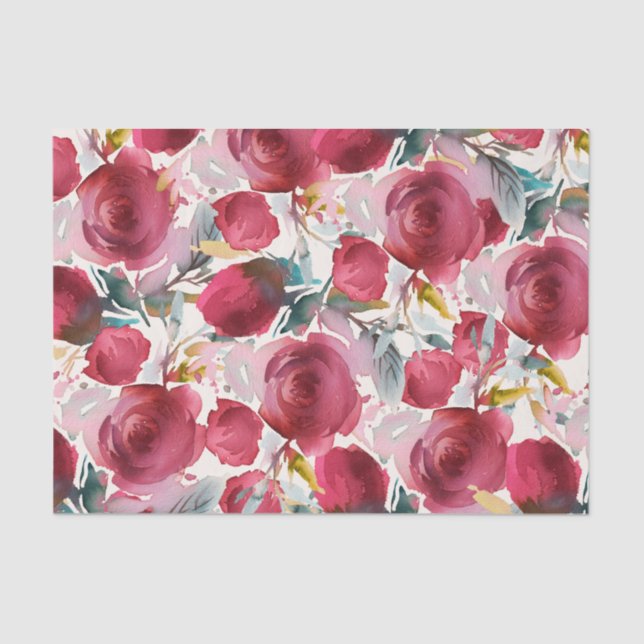 Burgundy Marsala Boho Floral Watercolor Pattern Tissue Paper (Front)