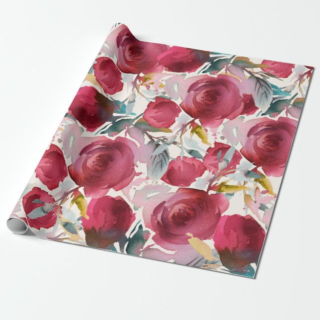 Burgundy Marsala Boho Watercolor Floral Pattern Wrapping Paper (Unrolled)
