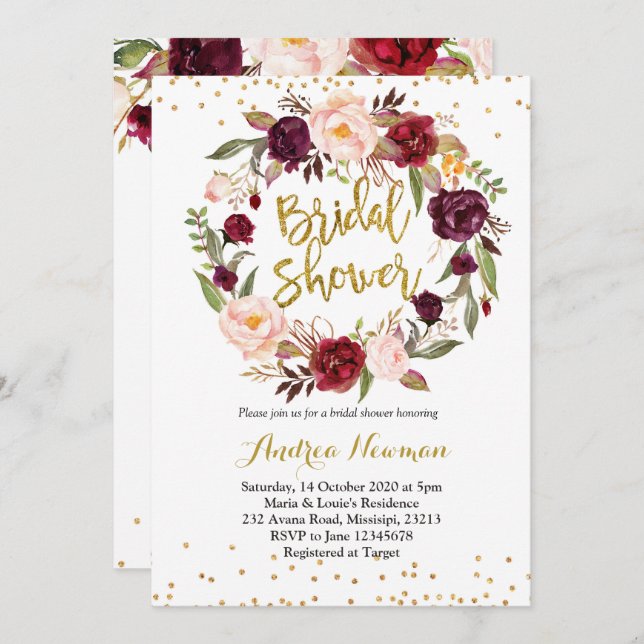 burgundy marsala bridal shower invitation (Front/Back)