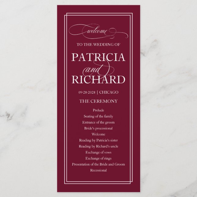 Burgundy Marsala Elegant Wedding Ceremony Program (Front)