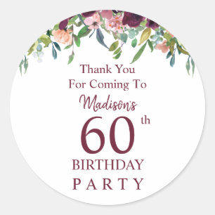 Burgundy Marsala Floral 60th Birthday Thank you Classic Round Sticker