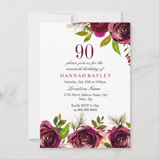 Burgundy Marsala Floral 90th Birthday Invite (Front)