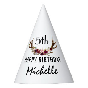 Burgundy Marsala Floral Antlers 5th Birthday Party Hat