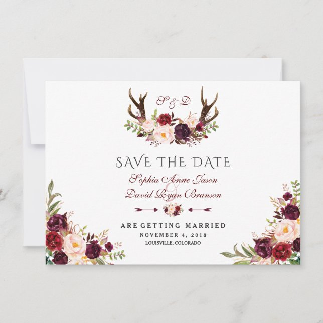 Burgundy Marsala Floral Antlers Blue Save The Date (Front)