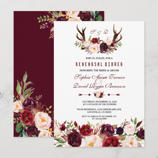 Burgundy Marsala Floral Antlers Rehearsal Dinner Invitation (Front/Back)