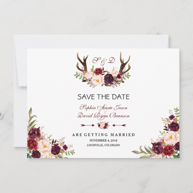 Burgundy Marsala Floral Antlers Save The Date (Front)