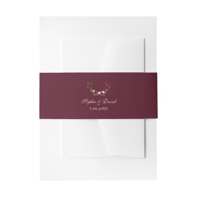 Burgundy Marsala Floral Antlers Wedding Invitation Belly Band (Front Example)