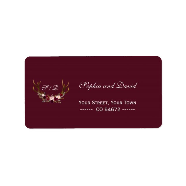 Burgundy Marsala Floral Antlers Wedding Label (Front)
