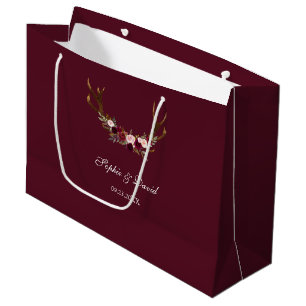 Burgundy Marsala Floral Antlers Wedding Large Gift Bag