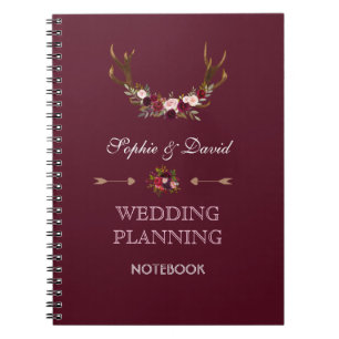 Burgundy Marsala Floral Antlers Wedding Planner Notebook