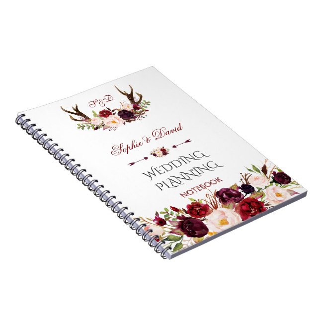 Burgundy Marsala Floral Antlers Wedding Planner Notebook (Right Side)