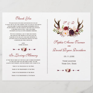 Burgundy Marsala Floral Antlers Wedding Program