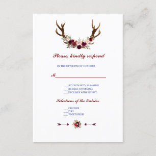 Burgundy Marsala Floral Antlers Wedding RSVP Card