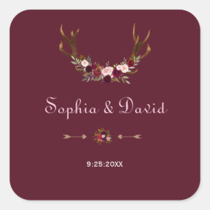 Burgundy Marsala Floral Antlers Wedding Square Sticker