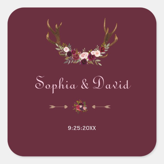 Burgundy Marsala Floral Antlers Wedding Square Sticker (Front)