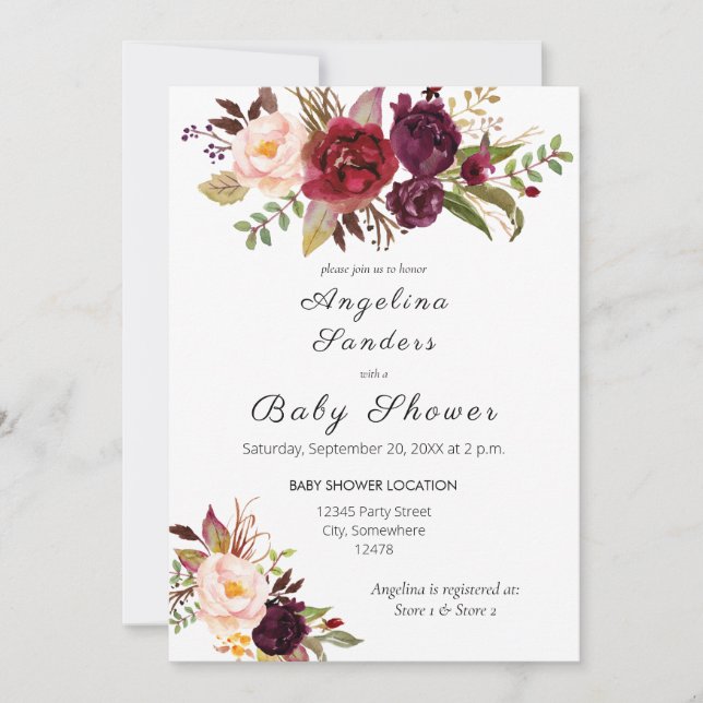 Burgundy Marsala Floral Baby Shower Invitation (Front)