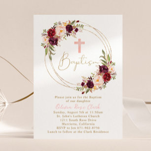 Burgundy Marsala Floral Baptism Gold Frame Invitation