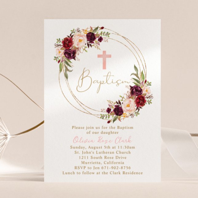 Burgundy Marsala Floral Baptism Gold Frame Invitation (Creator Uploaded)