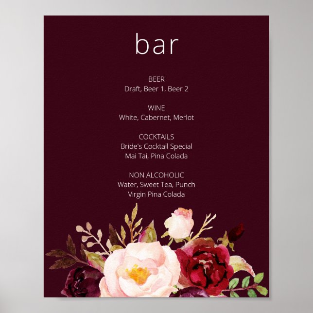 Burgundy Marsala Floral Bar Sign (Front)