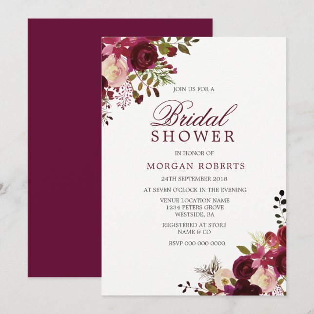 Burgundy Marsala Floral Bridal Shower Invitation (Front/Back)