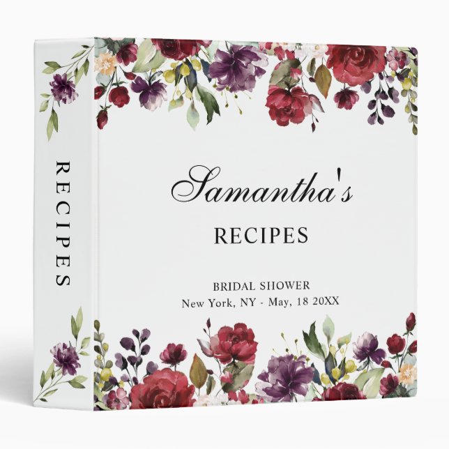 Burgundy Marsala Floral Bridal Shower Recipe Card Binder (Front/Spine)