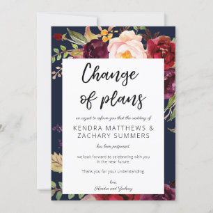 Burgundy Marsala Floral Change of Plans - Navy Invitation