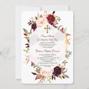 Burgundy Marsala Floral Geometric Holy Communion Invitation