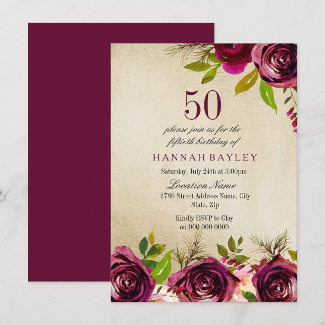 Burgundy Marsala Floral Gold 50th Birthday Invite (Front/Back)