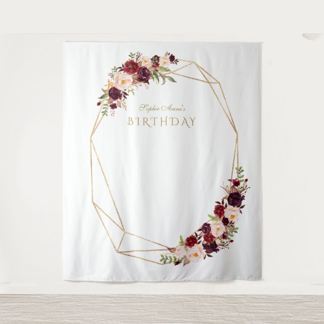 Burgundy Marsala Floral Gold Birthday Photo Booth Tapestry (Front)