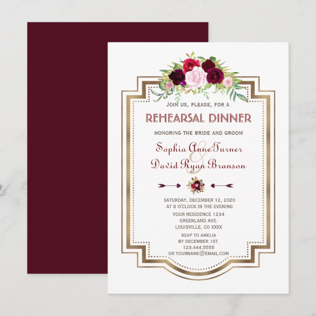 Burgundy Marsala Floral Gold Fall Rehearsal Dinner Invitation (Front/Back)