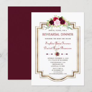 Burgundy Marsala Floral Gold Fall Rehearsal Dinner Invitation