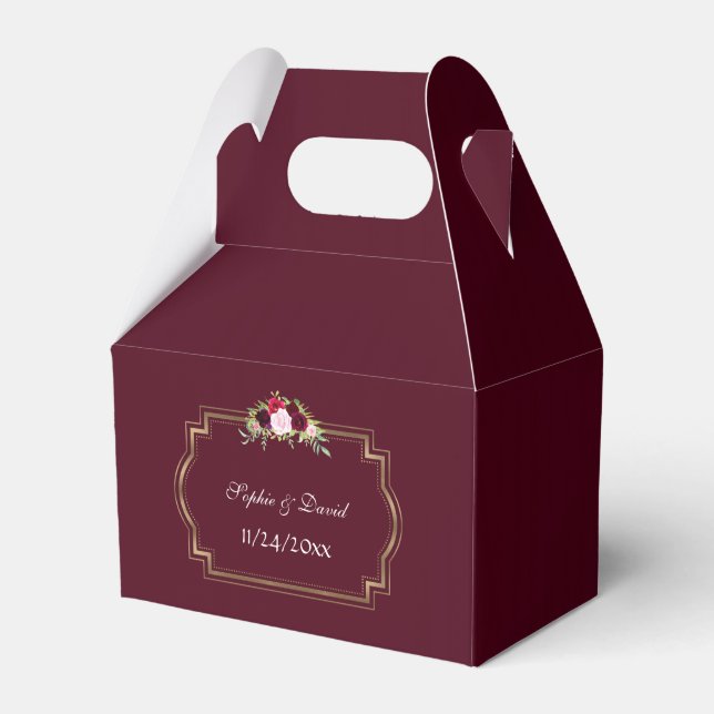 Burgundy Marsala Floral Gold Fall Wedding Favor Box (Front Side)