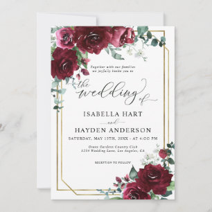 Burgundy Marsala Floral  Gold Frame Wedding Invitation