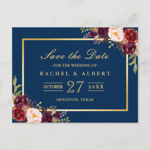 Burgundy Marsala Floral Gold Wedding Save the Date Postcard