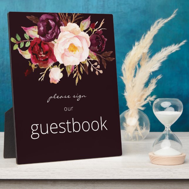 Burgundy Marsala Floral Guestbook Sign Dark Red Plaque (Side)