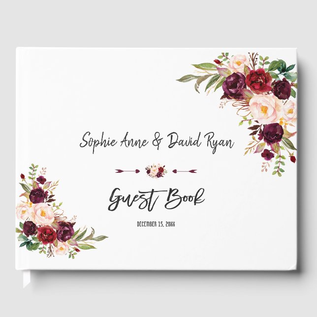 Burgundy Marsala Floral Handwriting Guest Book (Front)